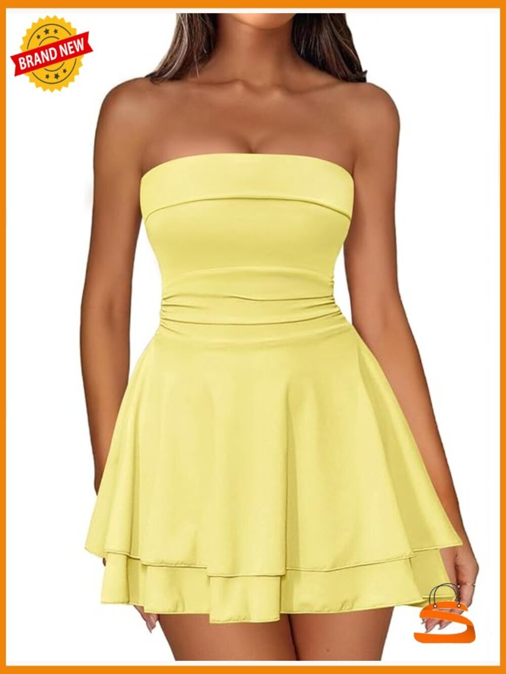 Strapless Ruched Tube Mini Dress with Ruffled Hem